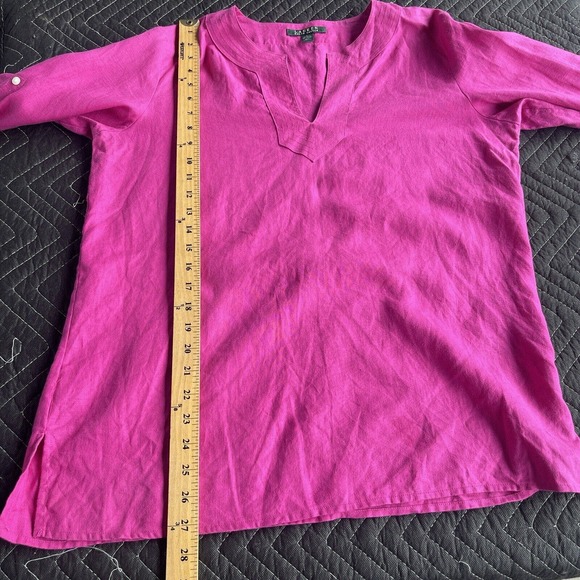 LRL Lauren Ralph Lauren Top Womens Large Pink Linen V-neck Long Sleeve Roll Tab - Picture 8 of 9
